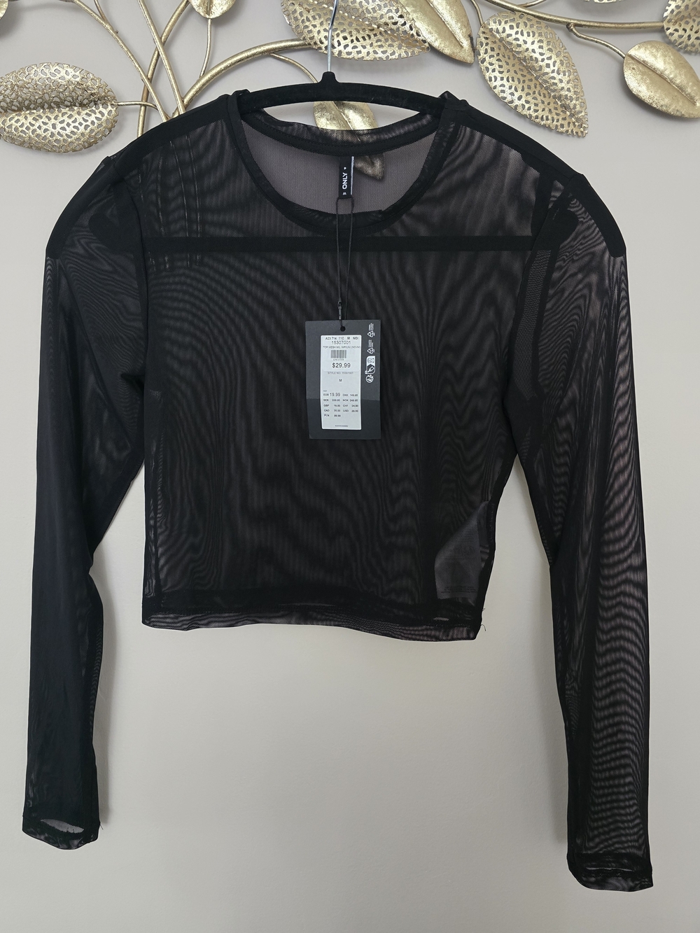 Only Black Sheer Mesh Long-Sleeve Crop Top Sz M